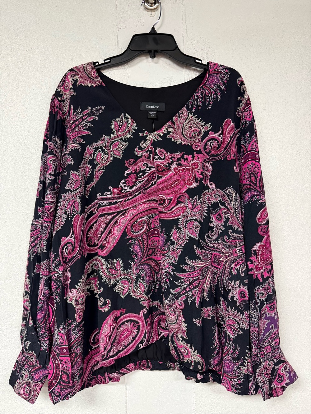 Karen Kane Black Long-Sleeve Paisley Blouse with Pink Accents